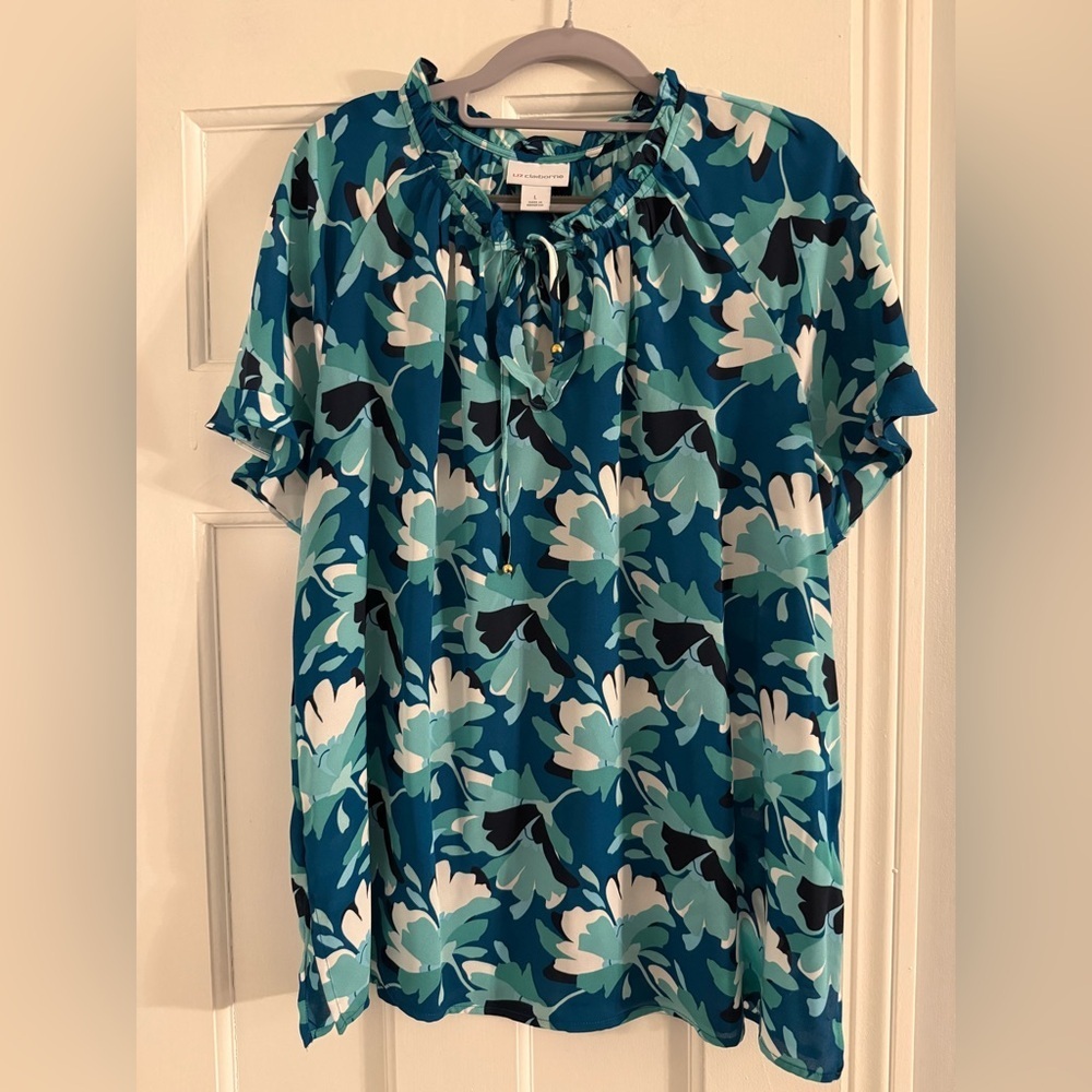 Liz Claiborne Teal and White Floral Blouse NWT